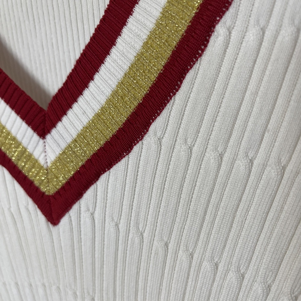 VTG Y2K Guess Jeans Ribbed Sweater Women White Red Gold Deep V Varsity Preppy - Picture 7 of 9